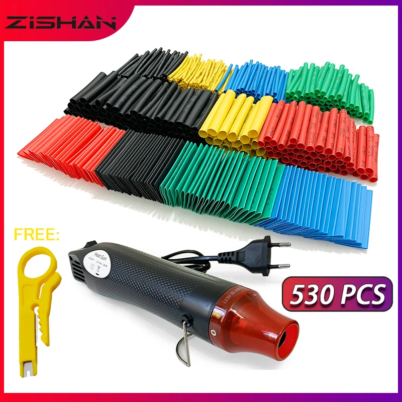 

127-530pcs Heat Shrink Tube 2:1 Shrinkable Wire Shrinking Wrap Tubing Wire Connect Cover Protection with 300W Hot Air Gun