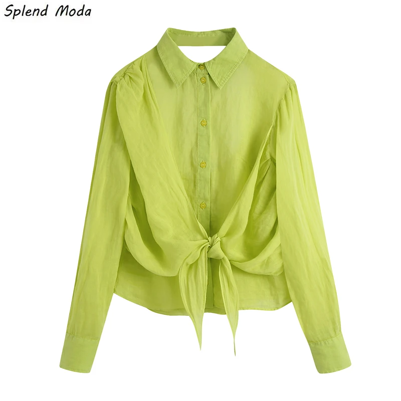 

Модная пикантная Повседневная шикарная женская рубашка Splend с открытой спиной и длинным рукавом, Однотонная рубашка на пуговицах со складка...