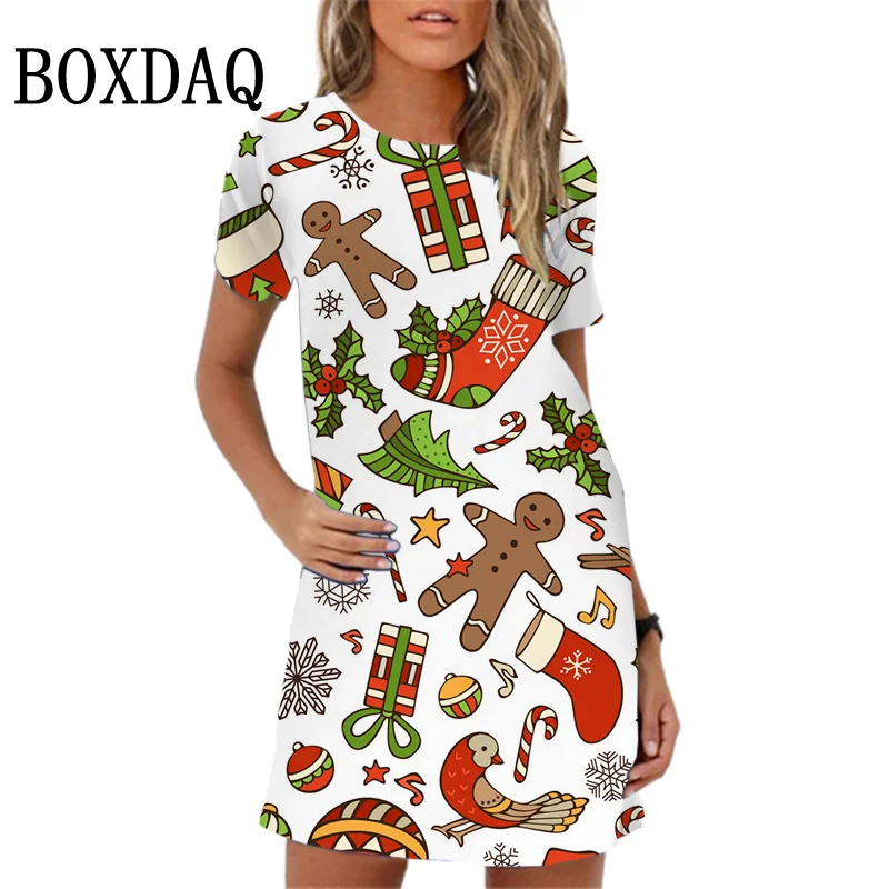 Рождественский рисунок Женское платье Летнее с короткими рукавами O воротник