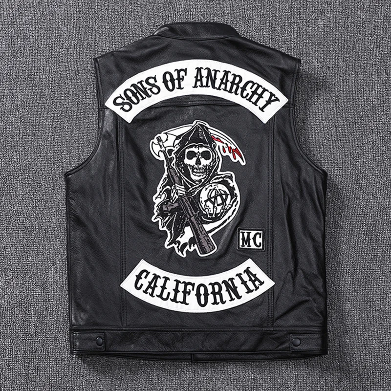 

Fashion 100% Cowskin Sons Of Anarchy Leather Rock Punk Vest Cosplay Costume Black Color Motorcycle Biker Sleeveless Jacket
