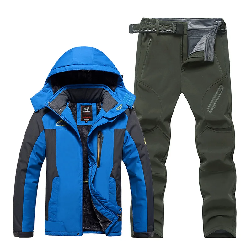 Mountaineering Suit Jacket and Pants Suit Winter Fleece Thickening Outdoor Jacket and Pants Suit Men's