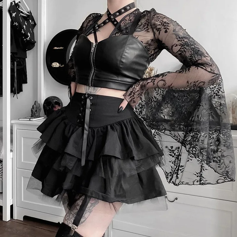 

Мини-юбка женская с завышенной талией, повседневная плиссированная черная бандажная уличная юбка-трапеция в стиле Харадзюку, панк-готика, н...