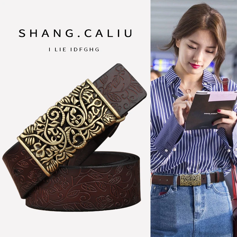 Belt Women's 2024 New Genuine Leather High-Grade Retro Emed Fashion Decoration Black jeans Wide Women