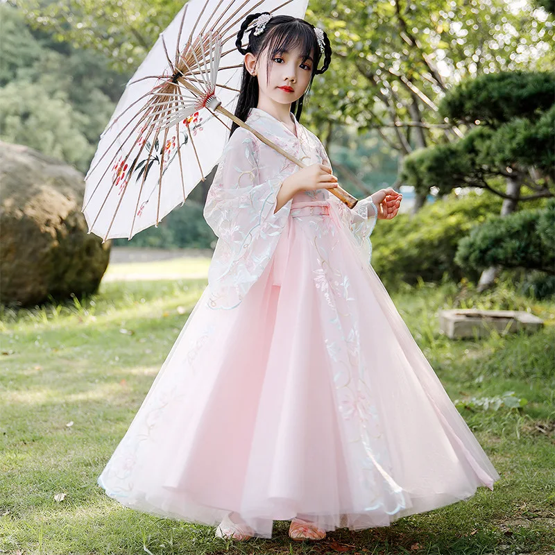 

Girls Hollow Out Cotton Linen Tang Suit Kids Chinese Lovely Ancient Hanfu Children Embroidery Perform Costumes
