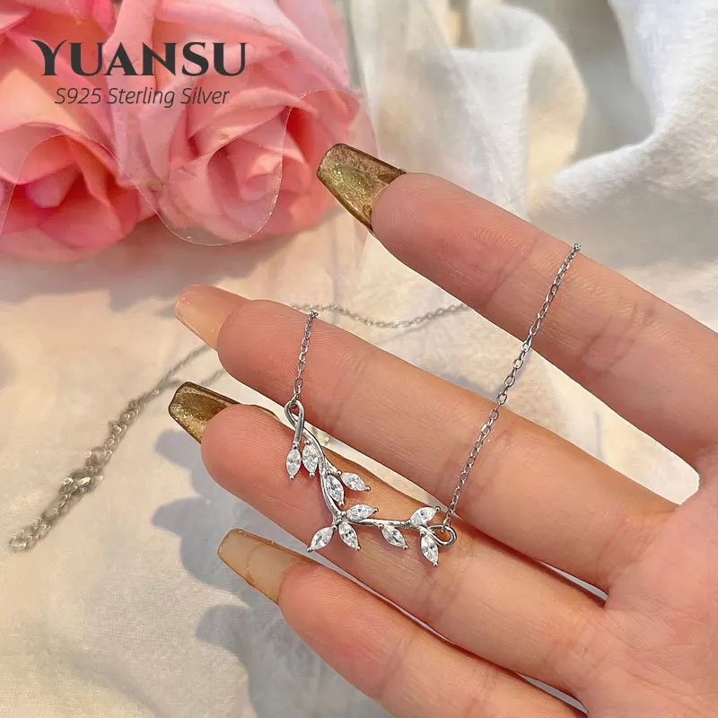 

925 Sterling Silver Clavicle Chain Branch Leaves Necklace Inlaid With Diamond Zircon Light Luxury Feeling Versatile Jewelry