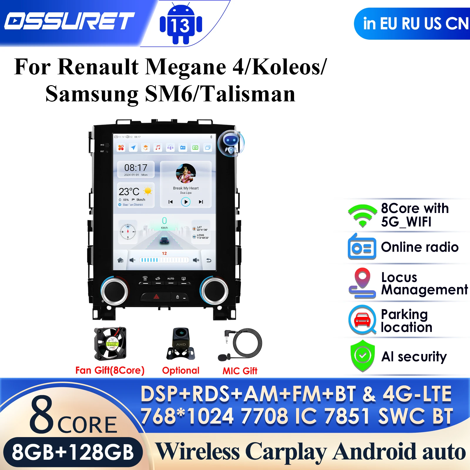 Ossuret Carplay 4G 9 7 Tesla Style Screen 2Din Android 13 Автомагнитола для Renault Koleos Megane 4 Samsung SM6 Talisman 2017 - 2019