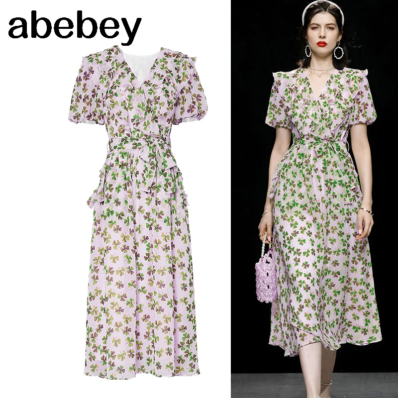 

Vintage Floral Printing Women Summer Casually Knee Length Office Work Dress Flowy Chiffon Streetwear Vestidos Zaful New