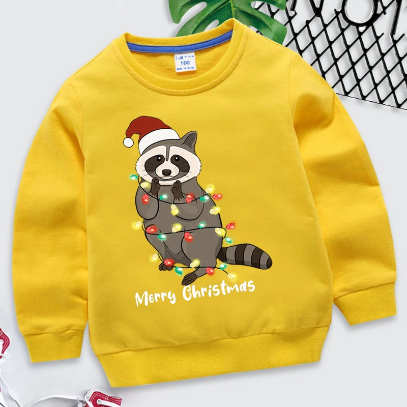 Merry Christmas Animal Raccoon Print Hoodie Children's Loose Round Neck Pullover Hoodies Clothing Christmas Print Sweatshirts images - 6