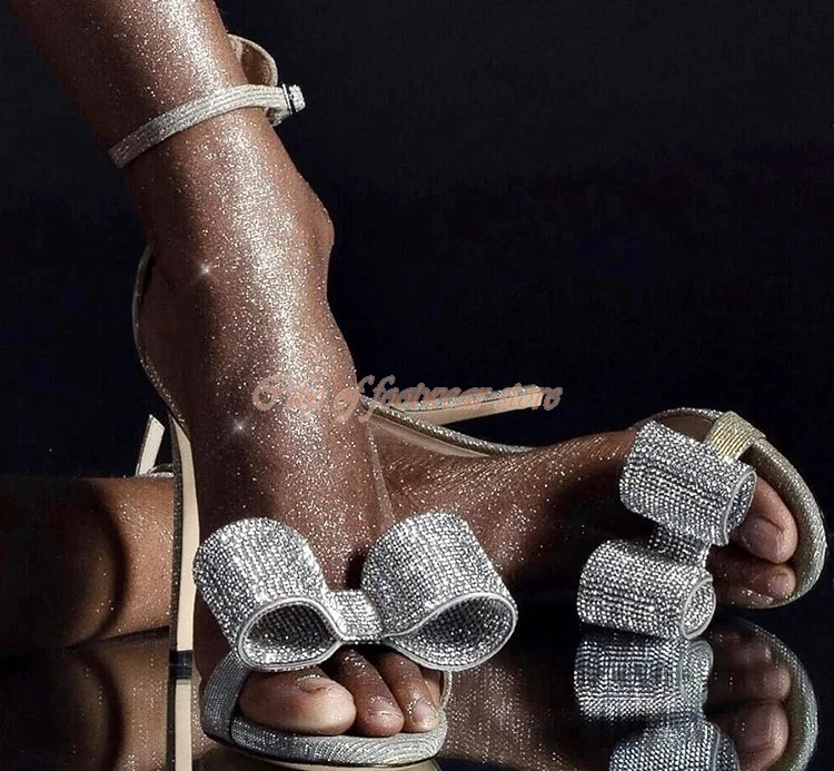 

Rhinestone Bowknots Stiletto Satin Sandals Ankle Strap High Heels Party Shoes Sliver Red Crystal Sandals Sexy Summer Shoes 2022