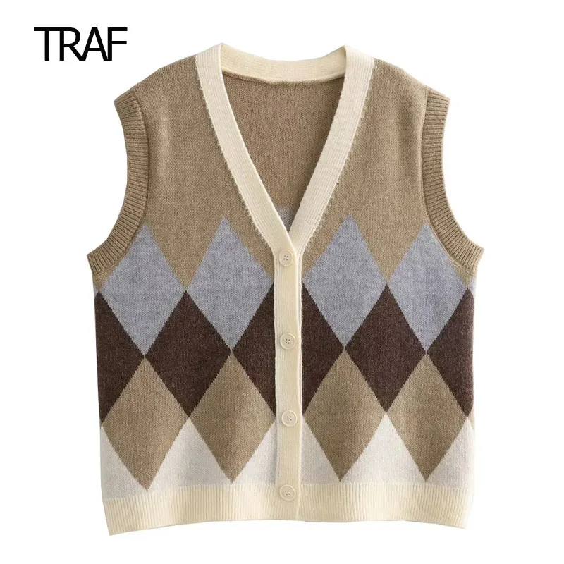 

TRAF Vests For Women Summer 2023 Knitted Geometric Vest V-Neck Button-Up Front Fasten Sleeveless Vest Casual Fashion Vest