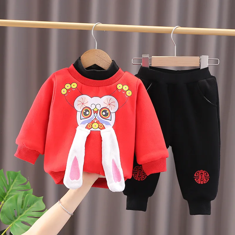 

Комплекты детской одежды для мальчиков, новая плюшевая утепленная традиционная китайская одежда, Детский милый топ с кроликом + штаны, повс...