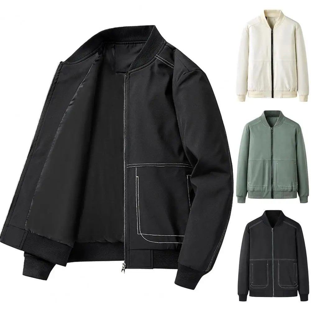 

Fashion Men Baseball Collar Jacket 2022 Autumn Men Jacket Solid Color Stand Collar Long Sleeve Korean Style Elastic Cuff Coats