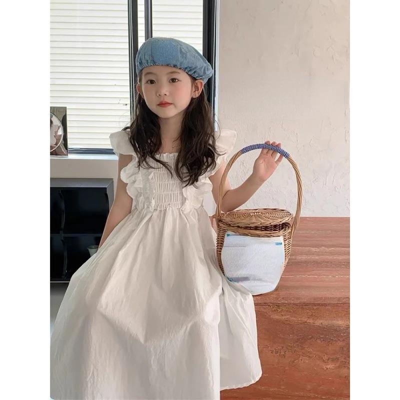 

RiniLucia 2023 Girls Dress Solid Flying Sleeve Ruffles Girls Princess Dresses Kids Party Tutu Dress Children Clothing Costume