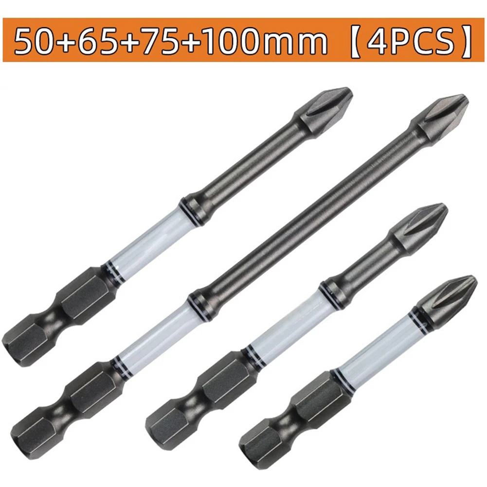 

4pcs Anti Slip Magnetic Batch Head Impact Bits PH2 Cross Screwdriver Bit Hex Shank Screwdrivers Bit 50mm 65mm 75mm 100mm