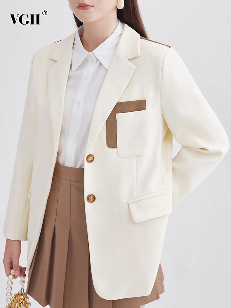 

VGH Hit Color Patchwork Back Single Breasted Blazers For Women Notched Collar Long Sleeve Slim Temperament Blazer Female 2022