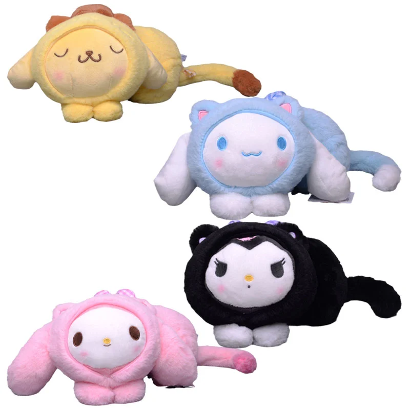 

Sanrios милый мультяшный Косплей кошка в положении лежа Плюшевые игрушки Аниме My Melody Cinnamoroll Kuromi Purin Dog плюшевая кукла детский подарок