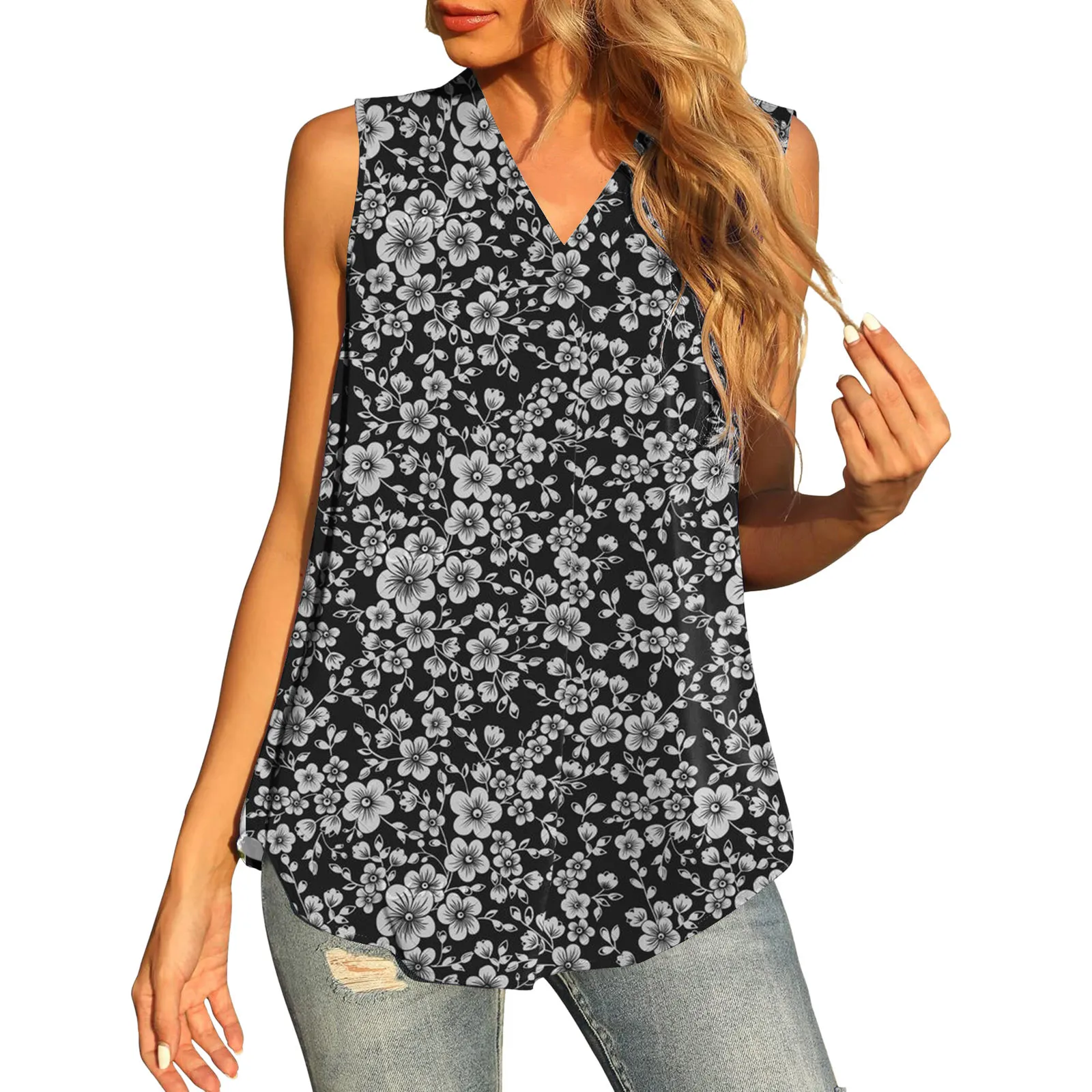 

Summer Womens Sleeveless Blouses Floral Print Tank Tops Loose Casual V Neck Blouses Shirts Pullovers 2022 Boho Blusas Femininas