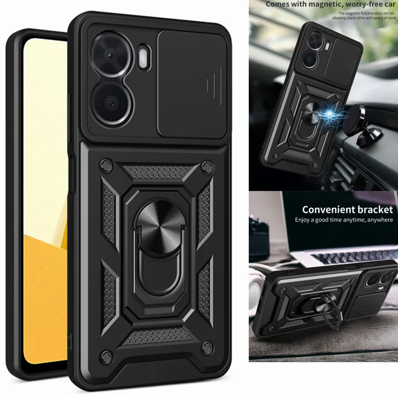 

For Vivo Y16 4G 2022 Case Slide Camera Lens Armor Phone Cases for Vivo Y16 Y 16 VivoY16 V2204 Car Magnet Ring Holder Back Cover