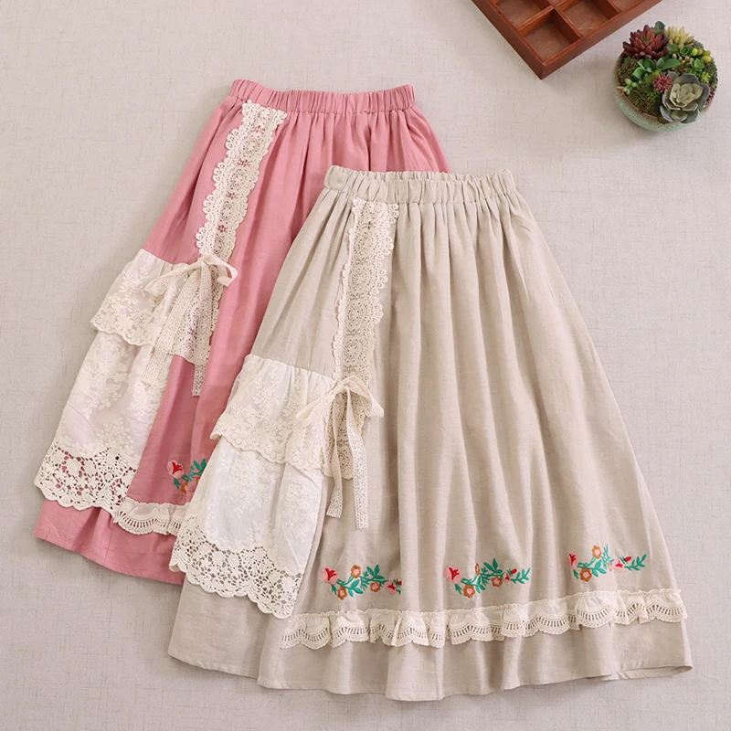 

Summer Women's Sweetness Forest Style Girl Lace Embroidery Asymmetric Loose Versatile Reduced Age Cotton Hemp A-line Half Skirt