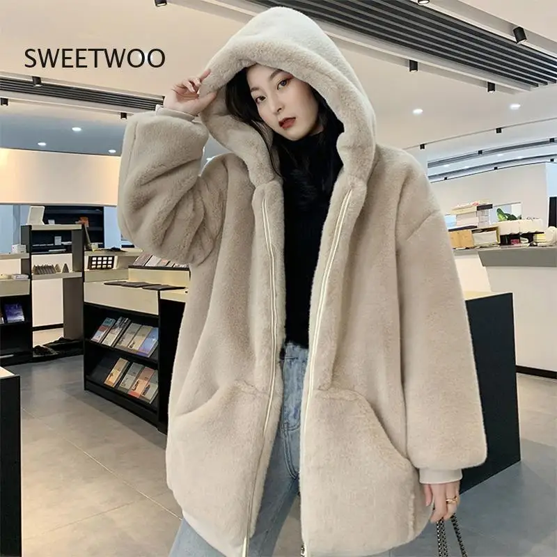 Fashion Plush Coat Women Winter Faux Fur Loose Medium Length Overcoat 2022 New Hooded Thickened Coats Female