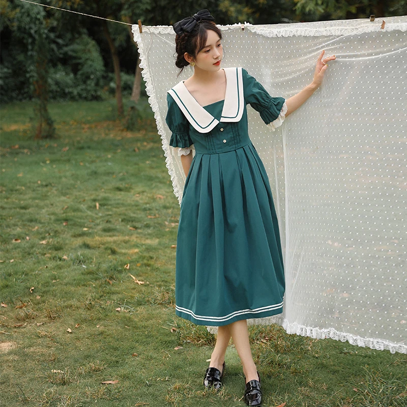 Женские платья в стиле ретро Mori темно-синие шикарные JK с воротником милое женское