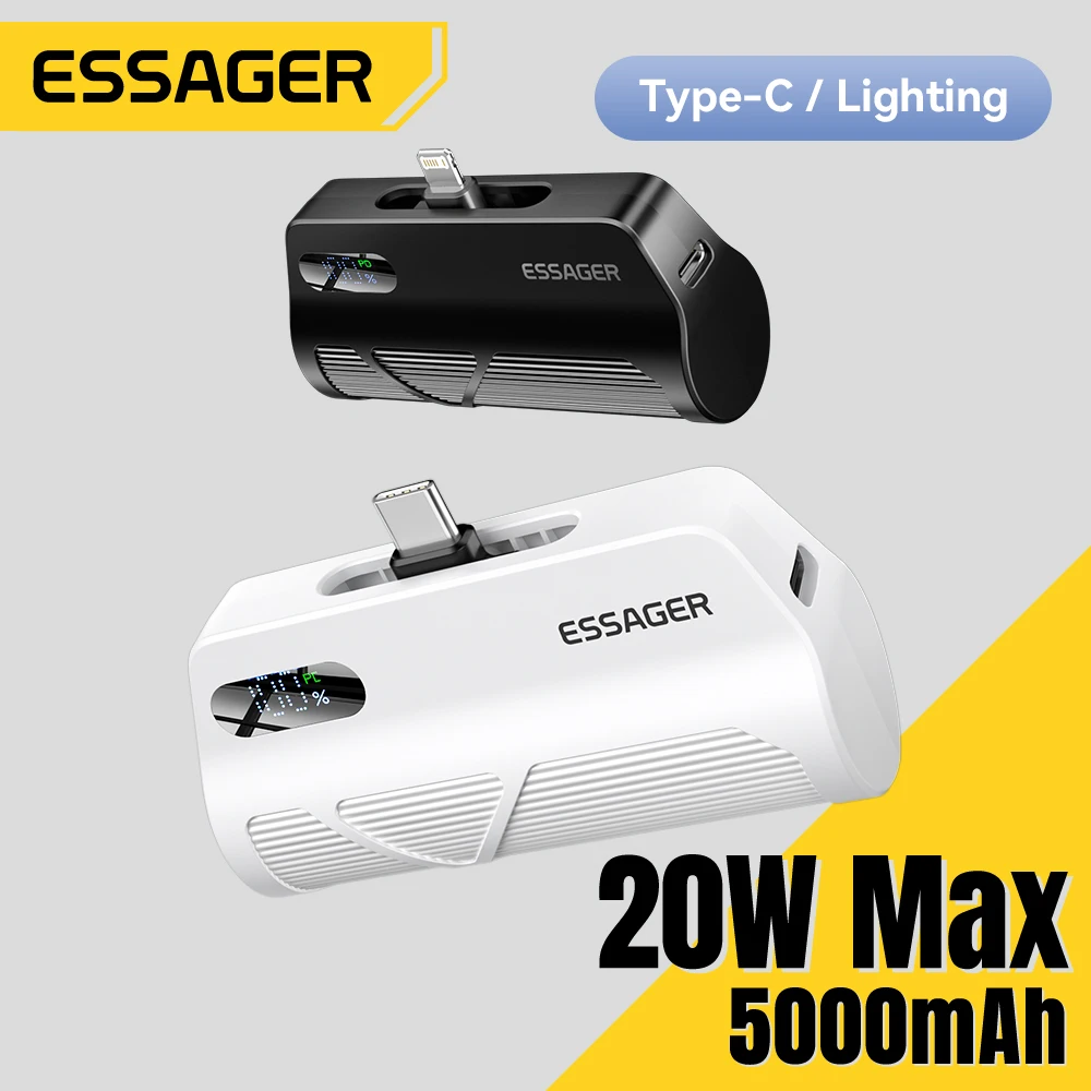Essager Mini Power Bank 20 Вт 5000 мАч Type-C/Lighting Внешняя батарея с быстрой зарядкой для iPhone 16 15 14