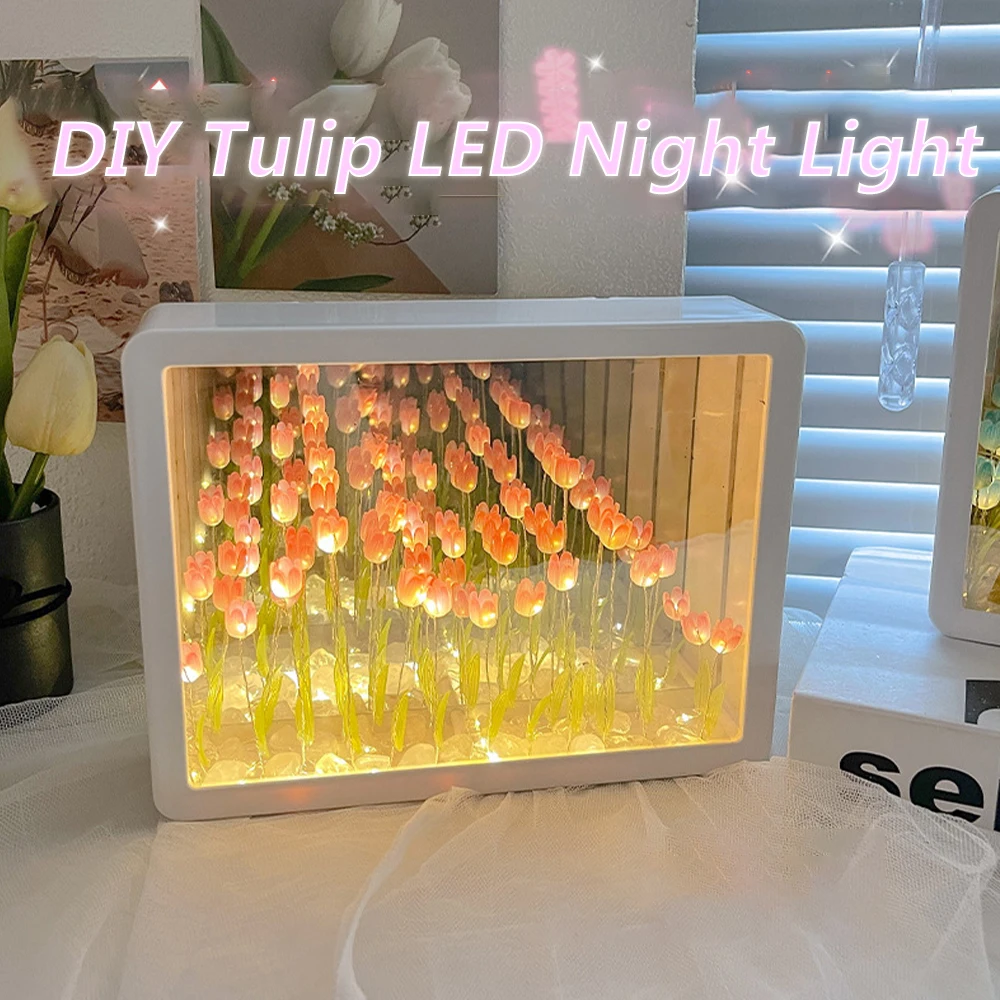 

DIY Cloud Tulip LED Night Light Girl Bedroom Ornaments Creative Photo Frame Mirror Table Lamps Bedside Handmade Gift for Friends