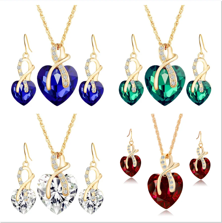 

Vintage Female Rainbow Crystal Jewelry Set Charm Gold Color Dangle Earrings For Women Simple Love Heart Wedding Chain Necklace