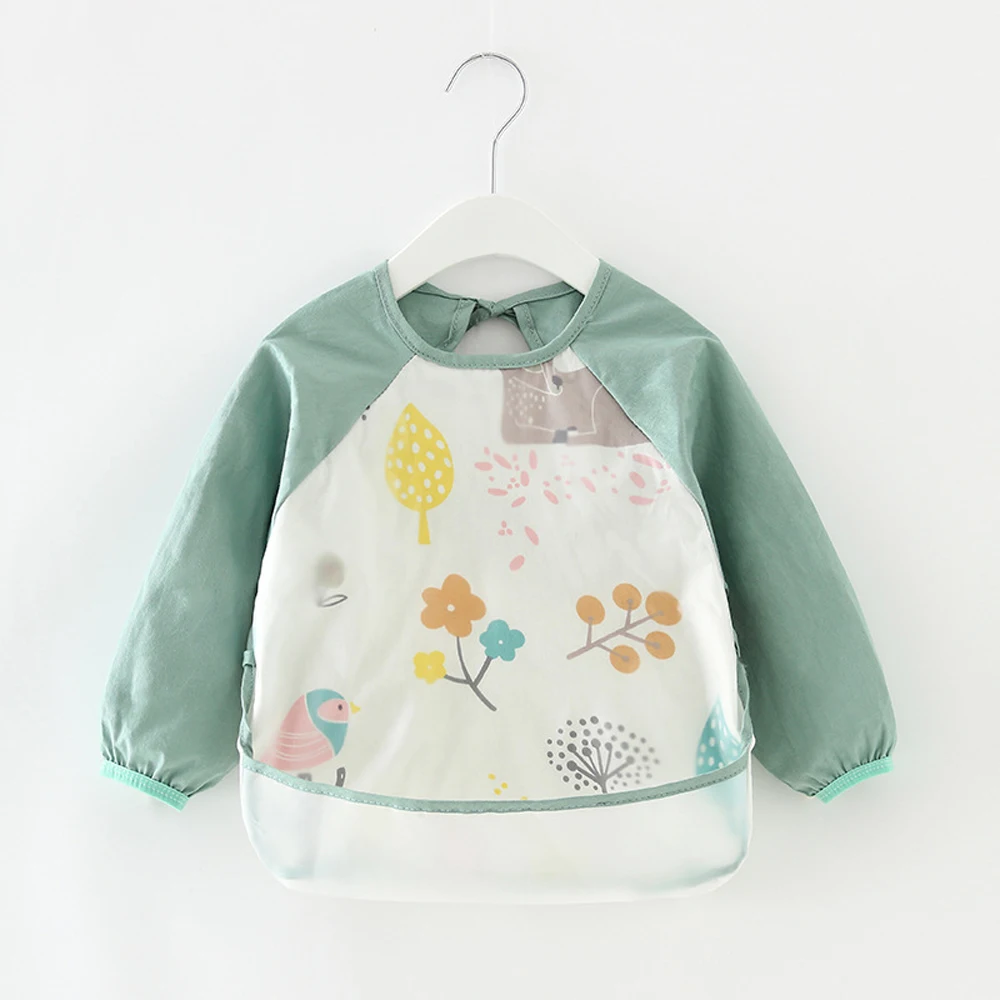 

Cute Baby Bibs Waterproof Long-sleeve Apron Cartoon Cotton Breathable Kids Smock Burp Clothes Multifunction Feeding Baby Stuff