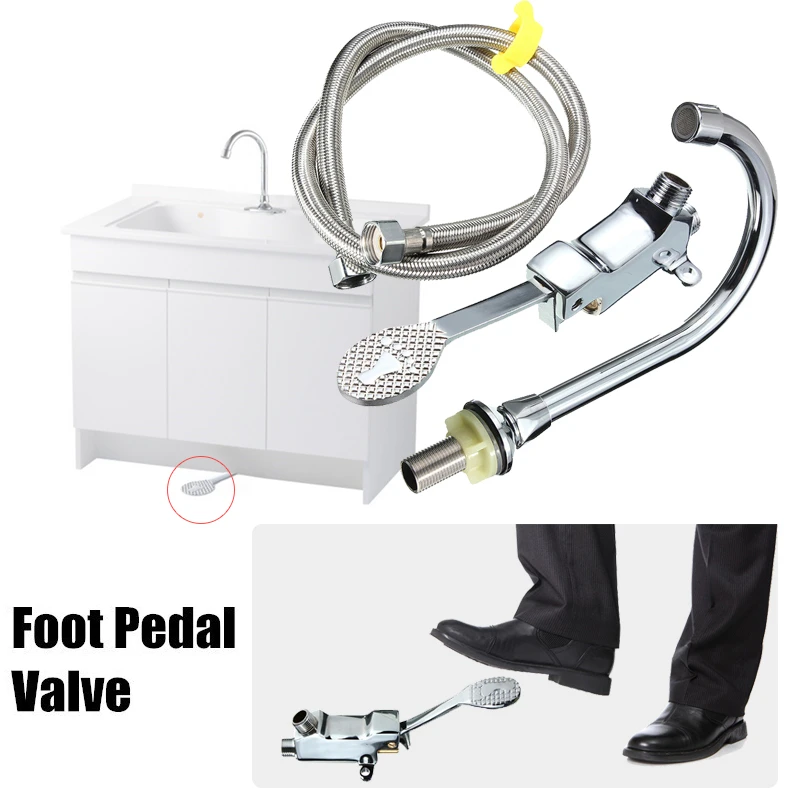 

Single Cold Faucet Outlet Foot Plate 1m Flexible Hose Foot Pedal Valve Lab Home Kitchen