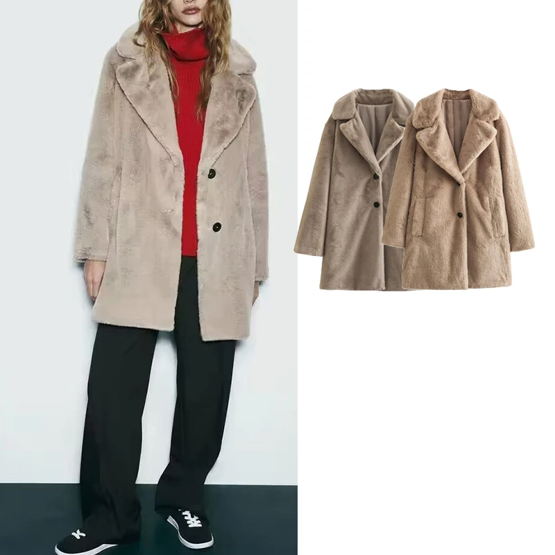 

TRAF Women Jacket 2023 Autumn Winter Fur Faux Warm Jackets Woman Soft Long Coats Jackets for Women Long Sleeve Women's Coat