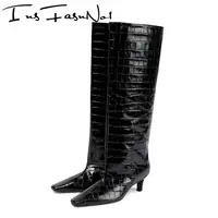 Square Toe Embossed Knee Boots Kitten Mid Heel Croc Pattern Black Long Botas Mujer Female Western Women Shoes Slip On Chaussures
