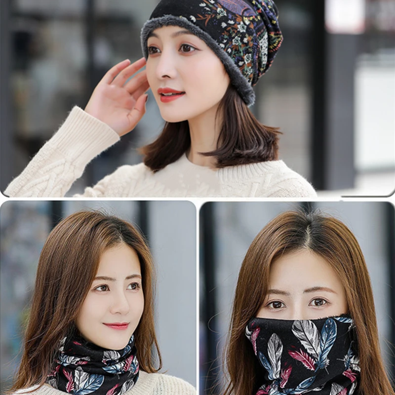 

2022 Winter Hat Women Plus velvet Beanie Cap Print Warm Red Fashion Gorro Caps Soft Bonnet Hat Scarf Dual Use