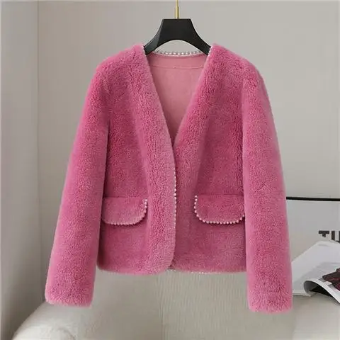

2022 Fashion New Women Winter Warm Faux Lamb Fur Coat Thick Ladies Short Coat V-neck Female Warm Overcoat Casaco Feminino X271
