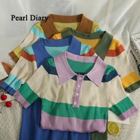 pearl diary korean version contrast color stripe turndown collar top women summer new style thin t shirt all match knitting top