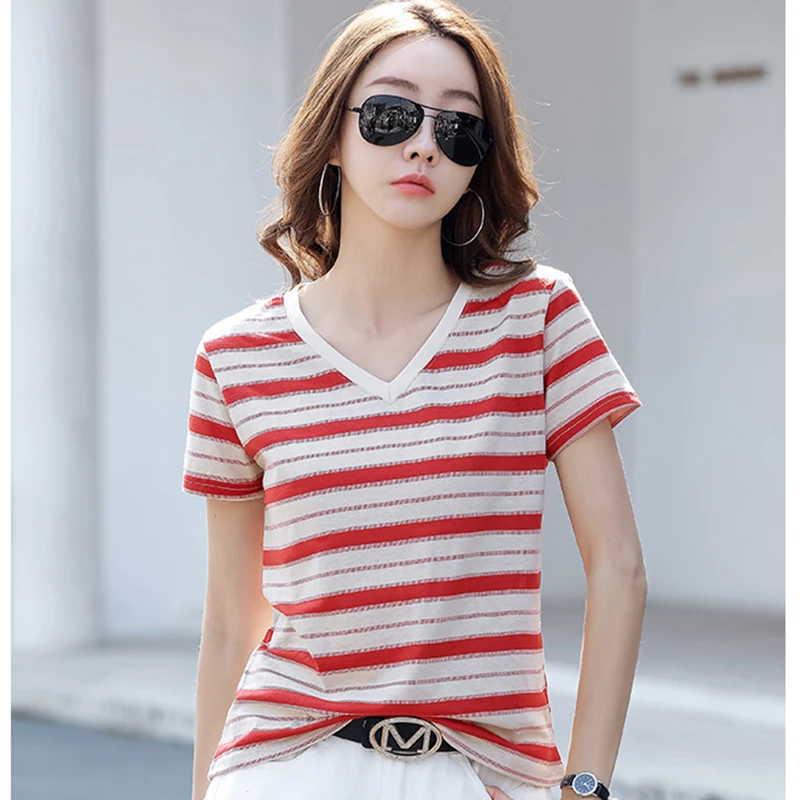 

Женская Полосатая Футболка с V-образным вырезом, топы с коротким рукавом, хлопковая футболка, повседневная корейская модная женская одежда, ...