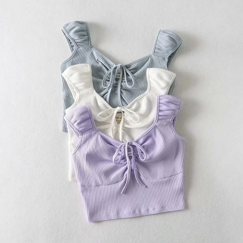 

2021 Summer New Top V-neck Sleeveless T-shirts Women Vintage Lace Up Solid Color Femme Tees Slim Drawstring Women Clothing Mujer