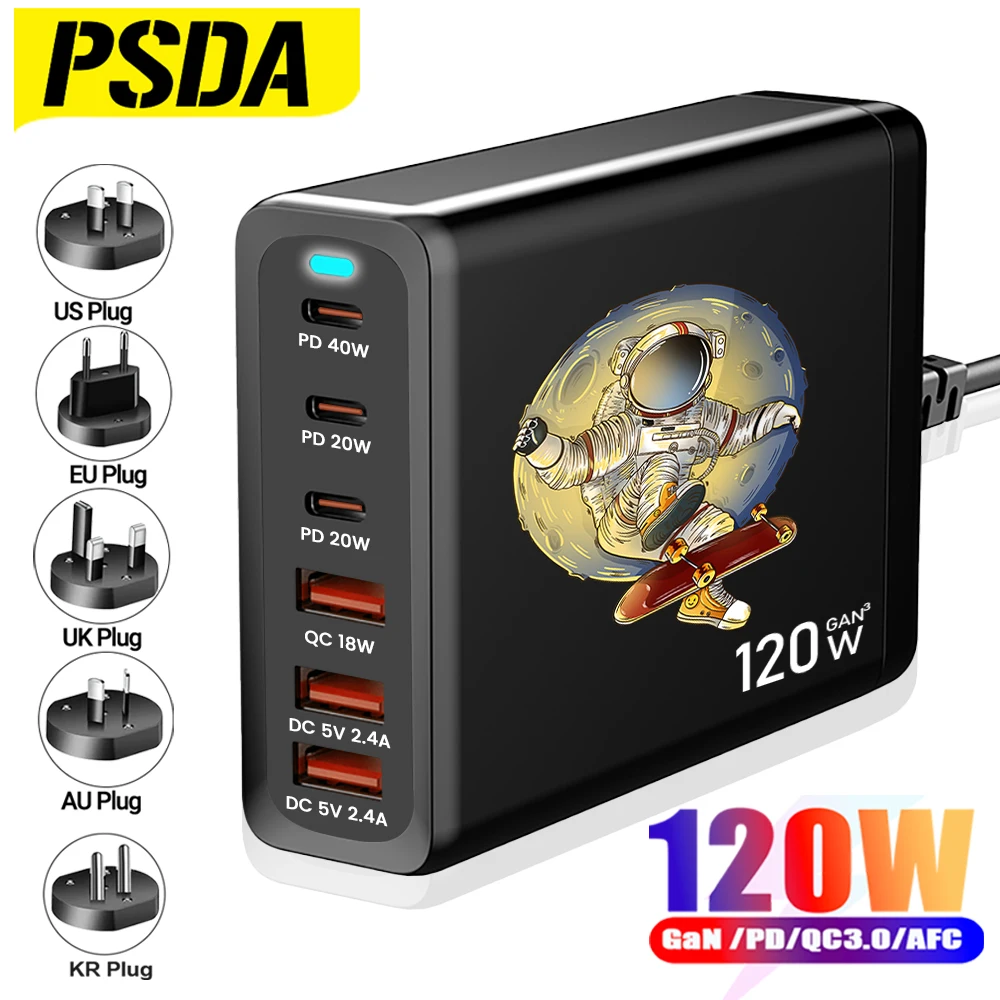 

PSDA 3D UV 120W USB C Fast Charger GaN 6 in 1 Charging Station With 3 PD Port And 3 USBA Ports Compatible with MacBook Tablet