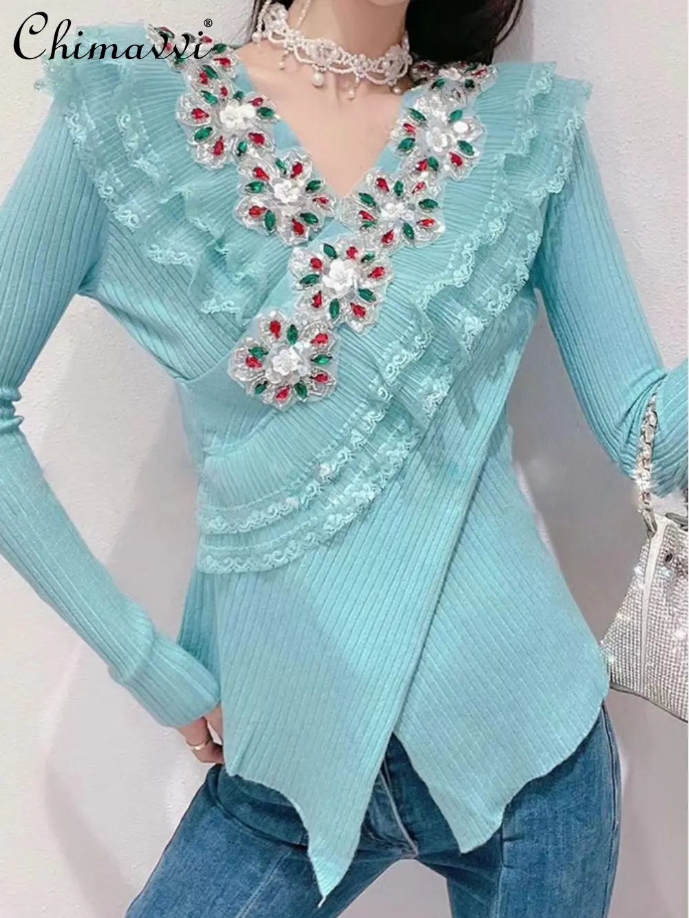 

New Women Autumn Korean Style Fashion Sweet Color Rhinestone Knitting T-shirt Ladies Fairy Slim Fit V-Neckline Pullover Sweater