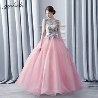 elegant pink a line tulle pleated appliques sleeveless floor length backless evening dresses princess banquet party prom gowns