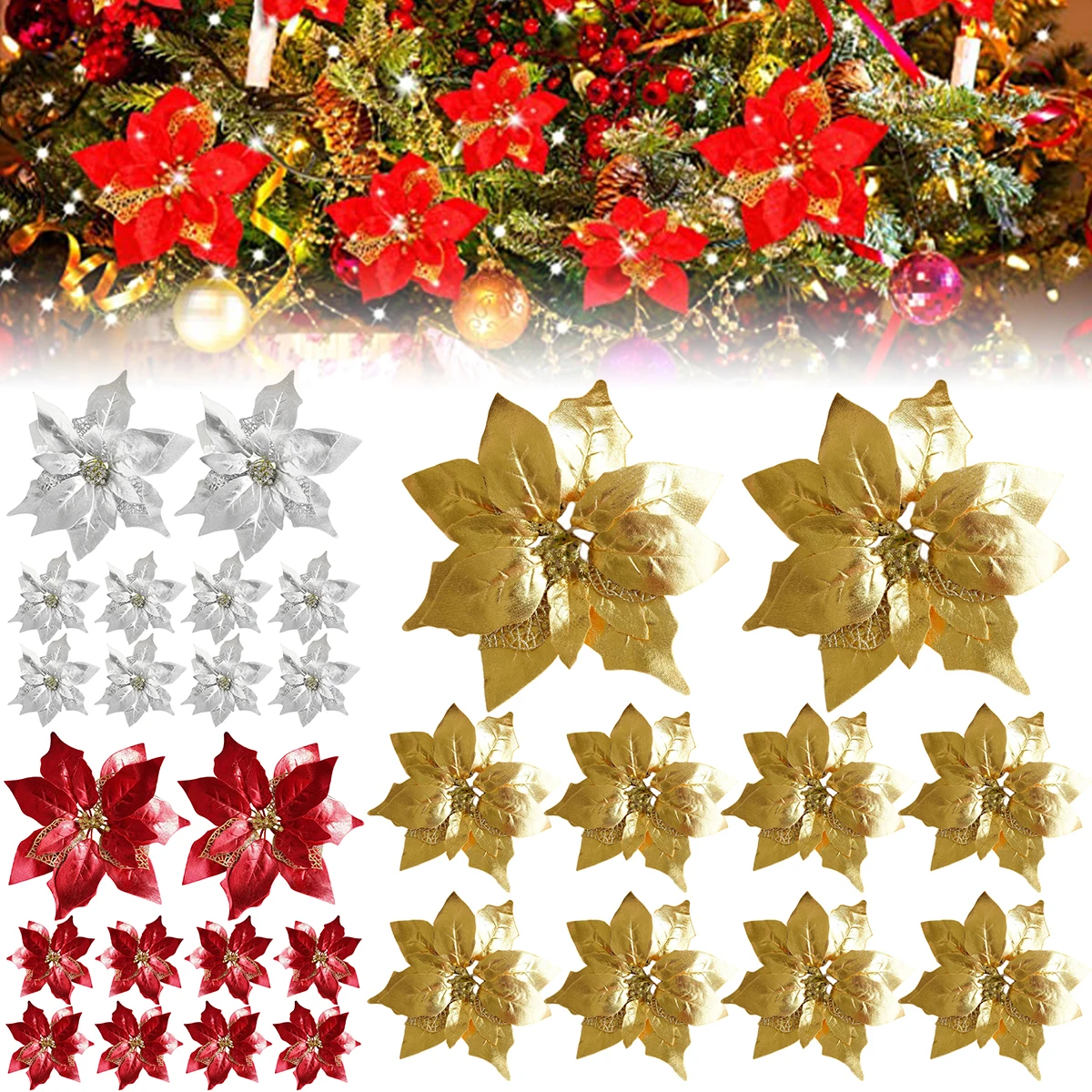

10Pcs Christmas Artificial Flowers Christmas Glitter Flowers 26cm Lightweight Artificial Xmas Flower Decorative Silk Flower Fake