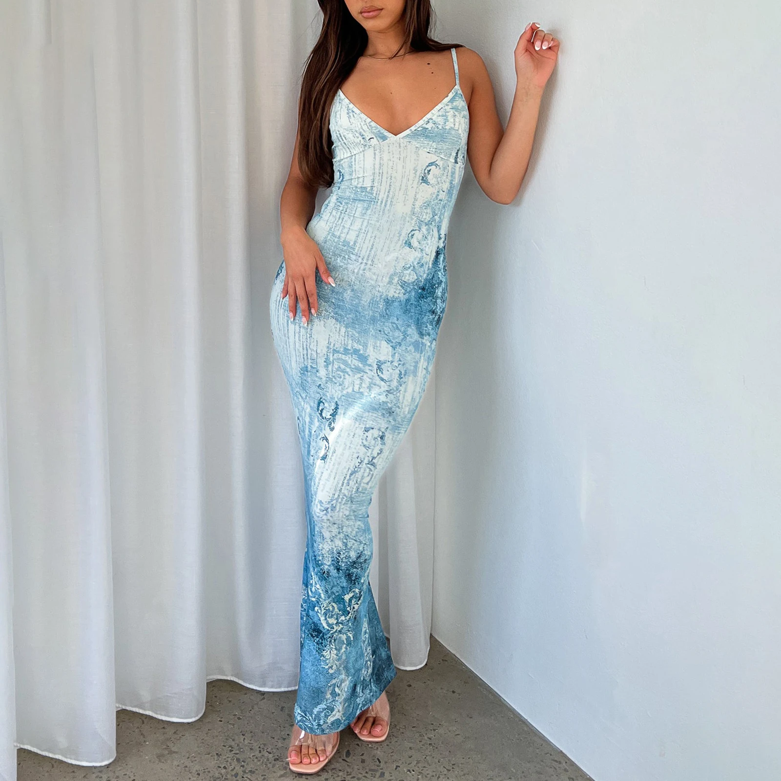 

Женское винтажное длинное платье hirigin, облегающее платье-комбинация на тонких бретельках с V-образным вырезом, цветочным принтом и цветочным принтом, коктейльное платье с разрезом