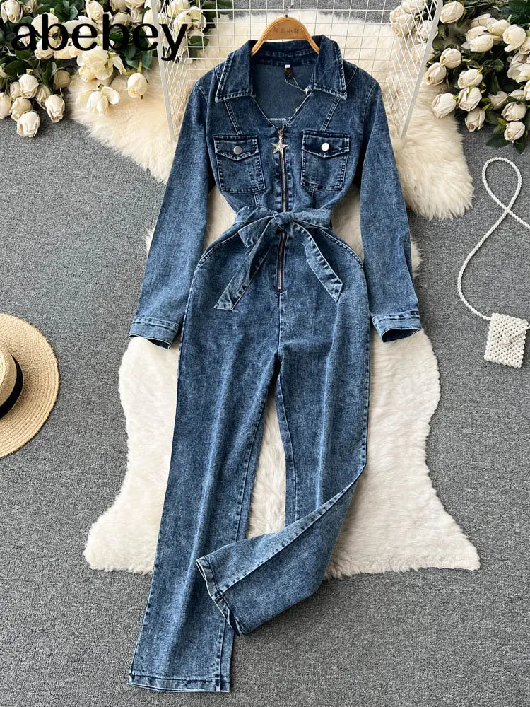 

Autumn Winter women Denim Jeans Full Sleeve Sashes Bodycon Jumpsuit Sexy Club Night Romper playsuit Overall outfit