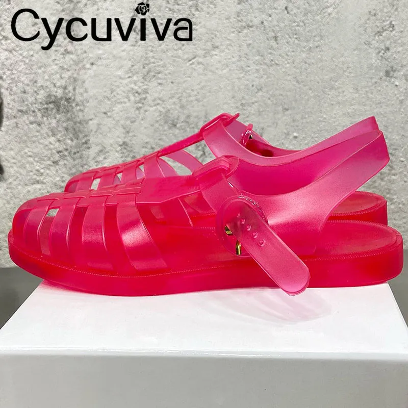 

2022 New PVC Braid Jelly Shoes Woman Flat Summer Casual Sandals Hollow Out T Strap Red Clear Waterproof Beach Sandals For Women