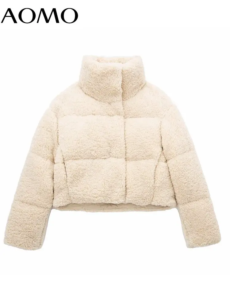 

AOMO Women 2022 Thick Warm Cropped Padded Fleece Parkas Jacket Coat Vintage Zipper Long Sleeve Female Outerwear 3H248A