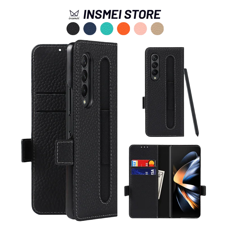 

Чехол-бумажник для Samsung Galaxy Z Fold5 Fold4 Fold3, с [S Pen Holder] [слотами для карт], чехол из натуральной кожи, корпус, BK