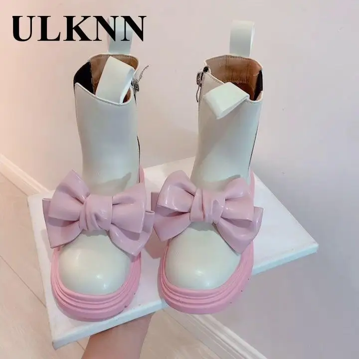 Botas rosas para niñas, Botines Chelsea con lazo de terciopelo, barcos rosas, zapatos planos blancos de princesa, otoño 2022