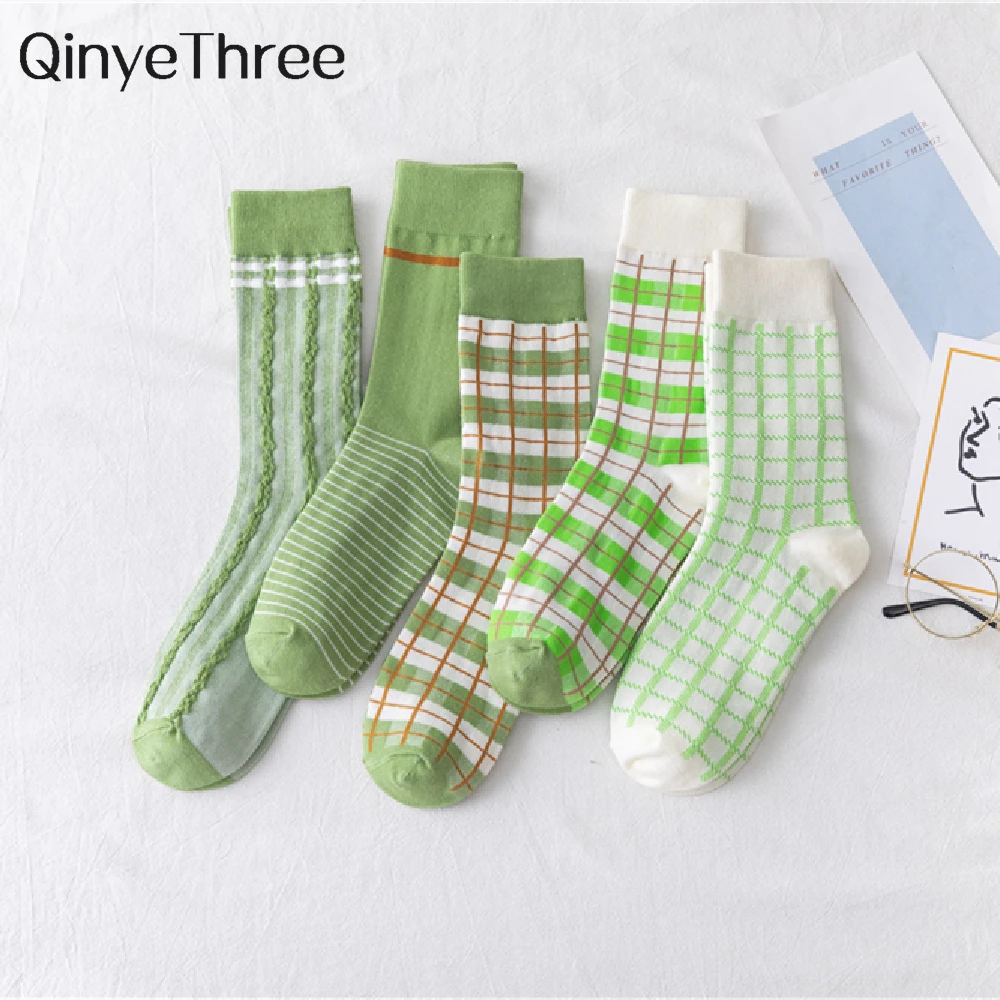 

INS New Spring Summer Mori Girl Style Preppy Fresh Green Cotton Socks Japanese Korean Striped Plaid Prairie Tube Sokken Prairie