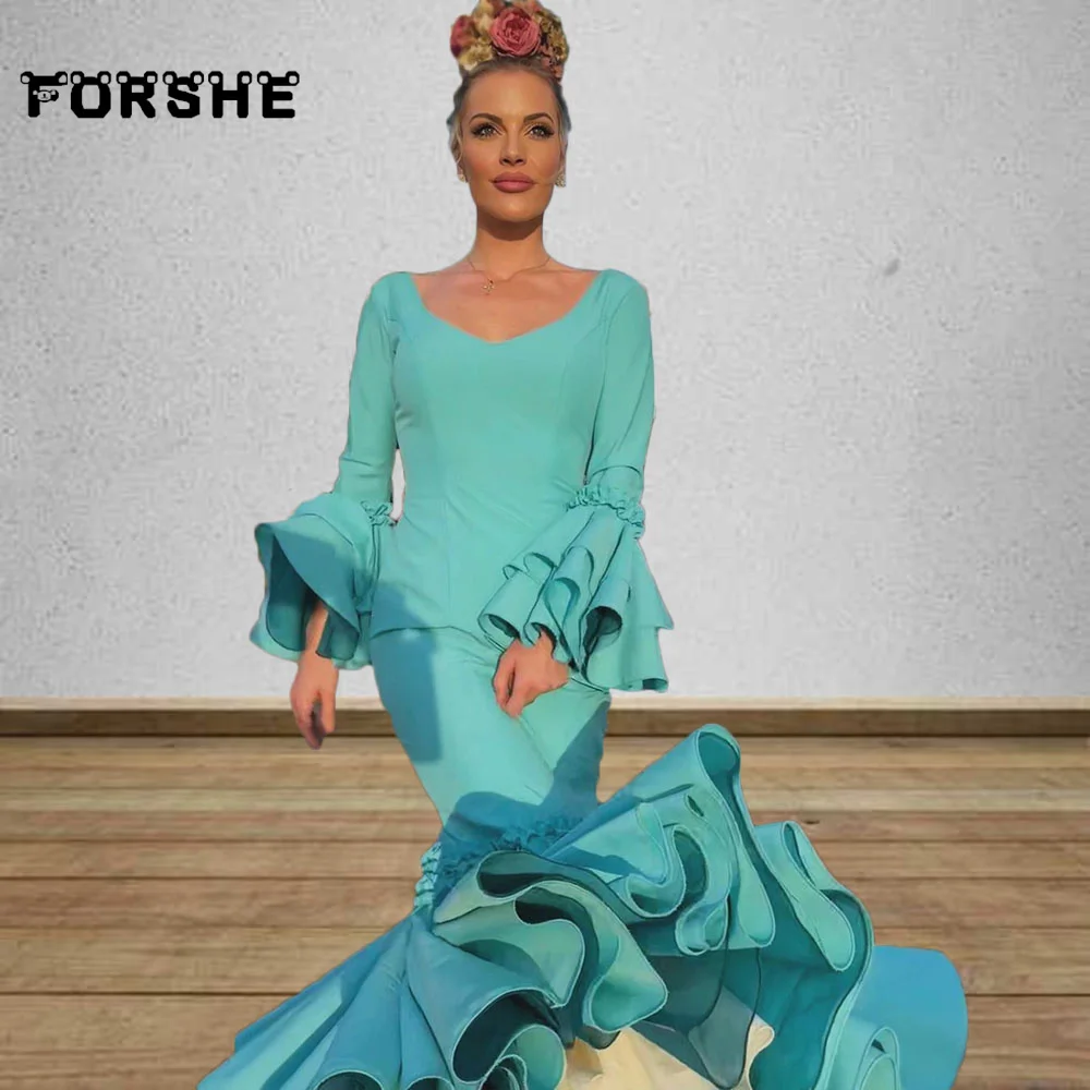 Синее вечернее платье Flamenca по индивидуальному заказу 2021 с оборками и рукавами