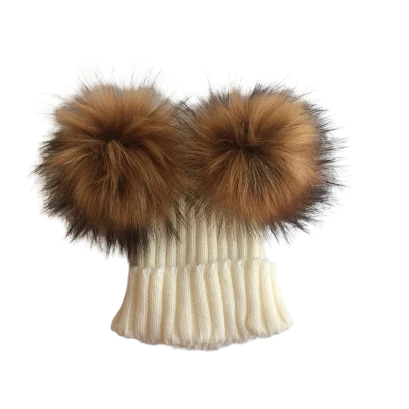 kids winter toddler baby faux fur hat cap beanie with 2 two double pom poms scarf ears funny for boys and girls | Детская одежда и